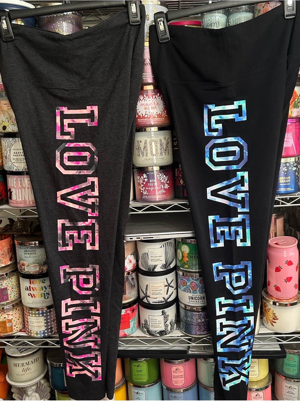 PINK Victoria's Secret Black Leggings with Pink & Blue LOVE PINK Logos